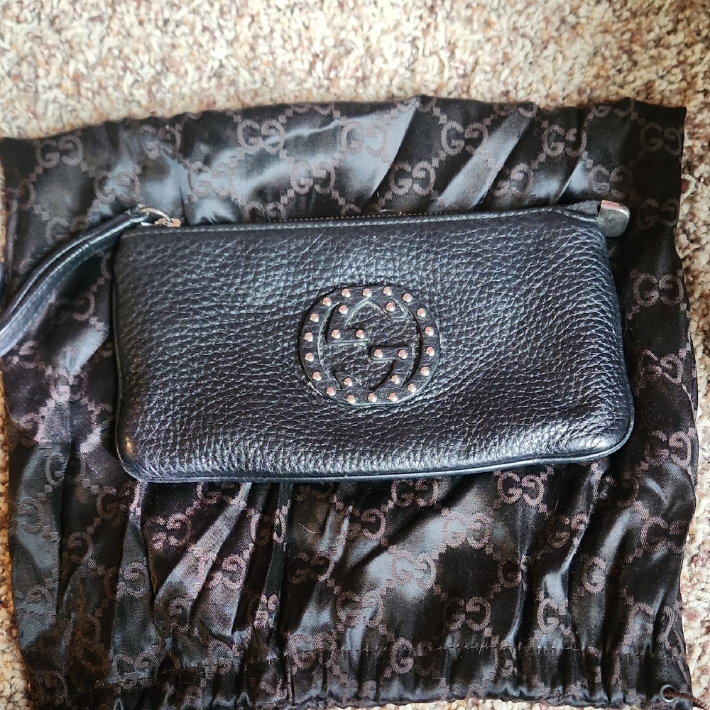 Gucci Black Pebbled Leather Wristlet Clutch with Stud Logo